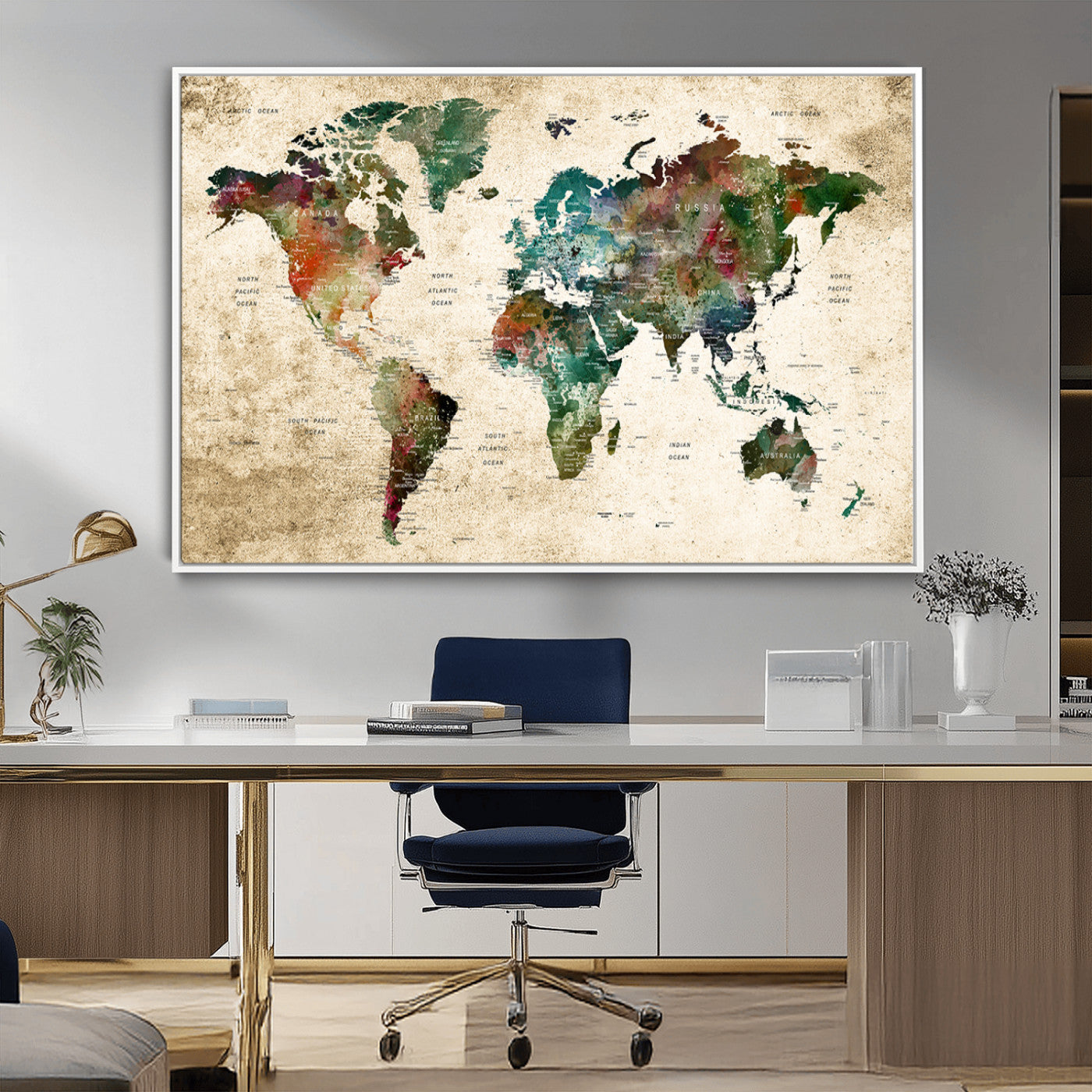 45128-MGV-CV-36X24-Push Pin World Map Canvas Print – Framed Wall Art for Couples to Track Their Travels – Anniversary Gift or Home Adventure Decor