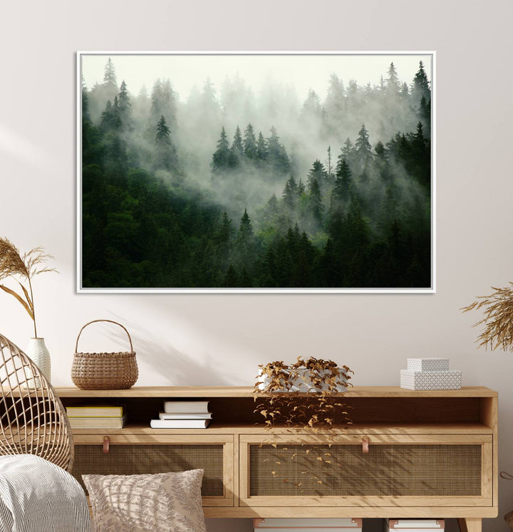 Misty Forest Mountain Wall Art | Large 3-Panel Foggy Landscape Canvas Print | Misty Forest Canvas Art | Nature Wall Art for Home | Mountain Fog Print