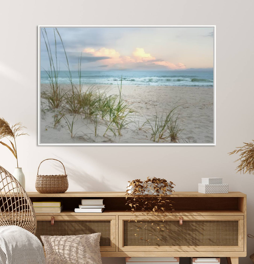 Flight Over Coastal Beach print on UV canvas displayed against white walls.