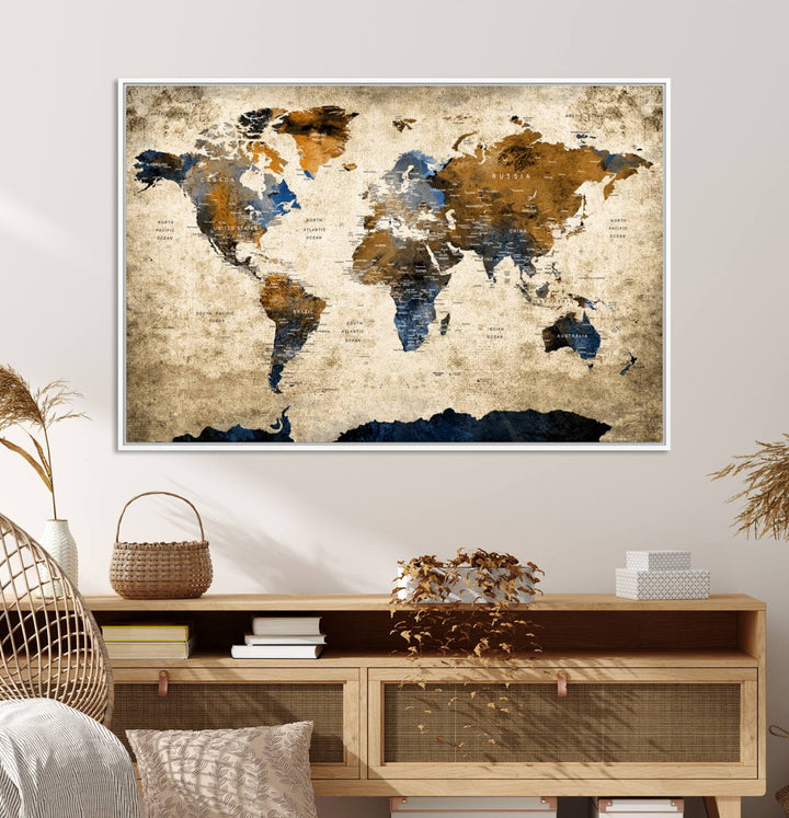 Vintage World Map Canvas Wall Art – Textured Triptych Map Print – Global Decor for Living Room or Office – Ready to Hang
