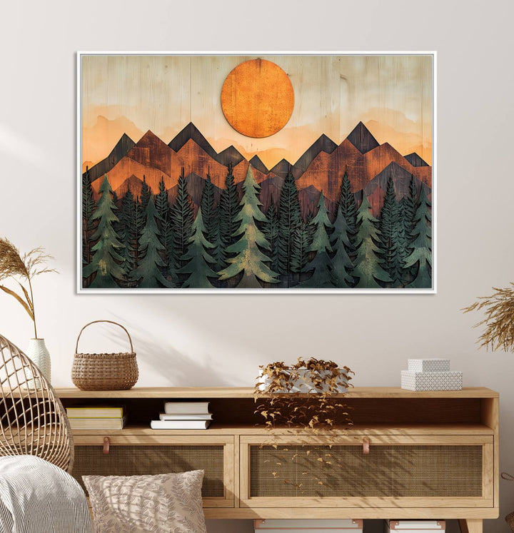 Sunset Mountain Landscape canvas wall art print featuring forest and wooden textures in green, brown, and orange.