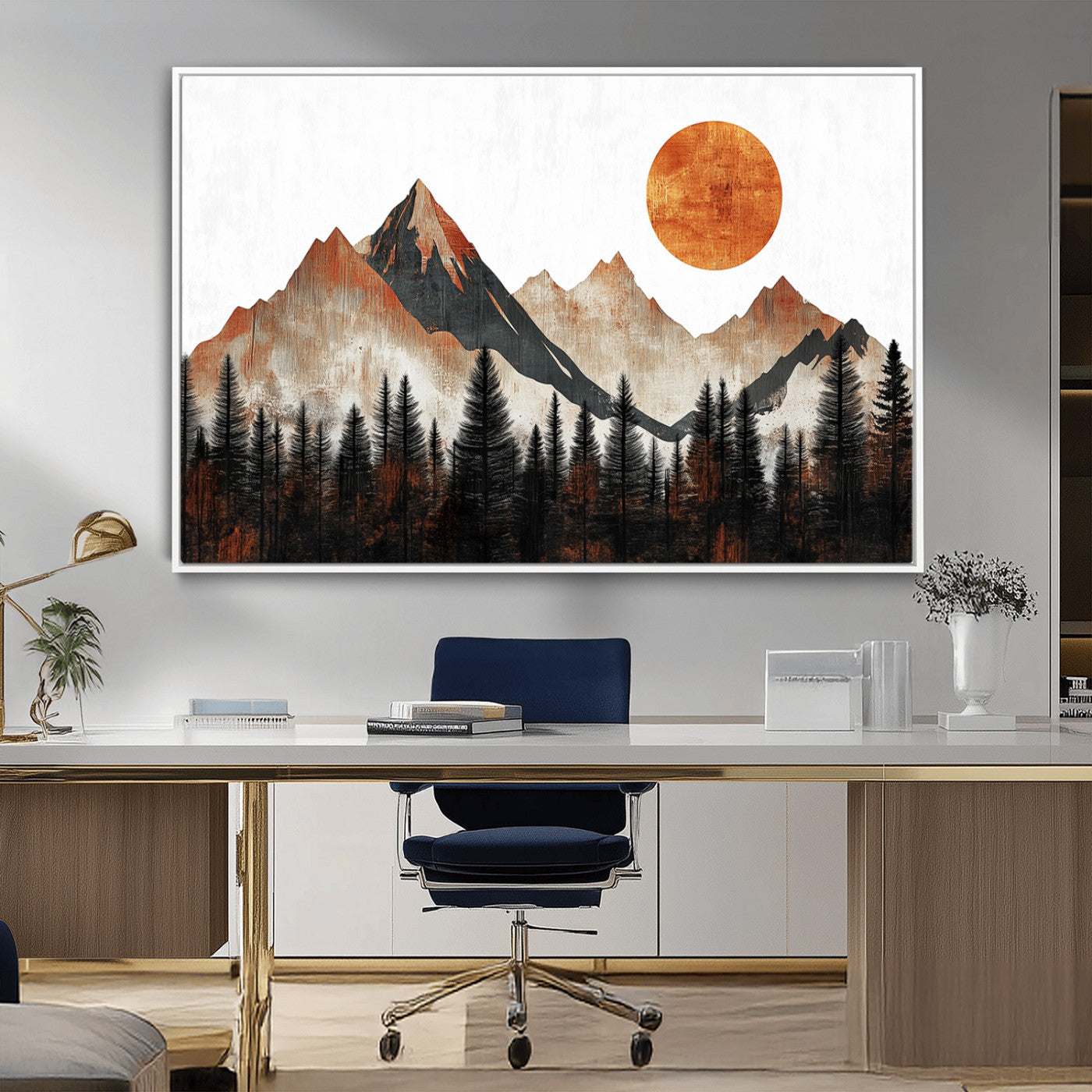 MGV-FC-36X24 - Modern Abstract Mountain Canvas Wall Art Print, Abstract Landscape Print, Rustic Sun and Mountains