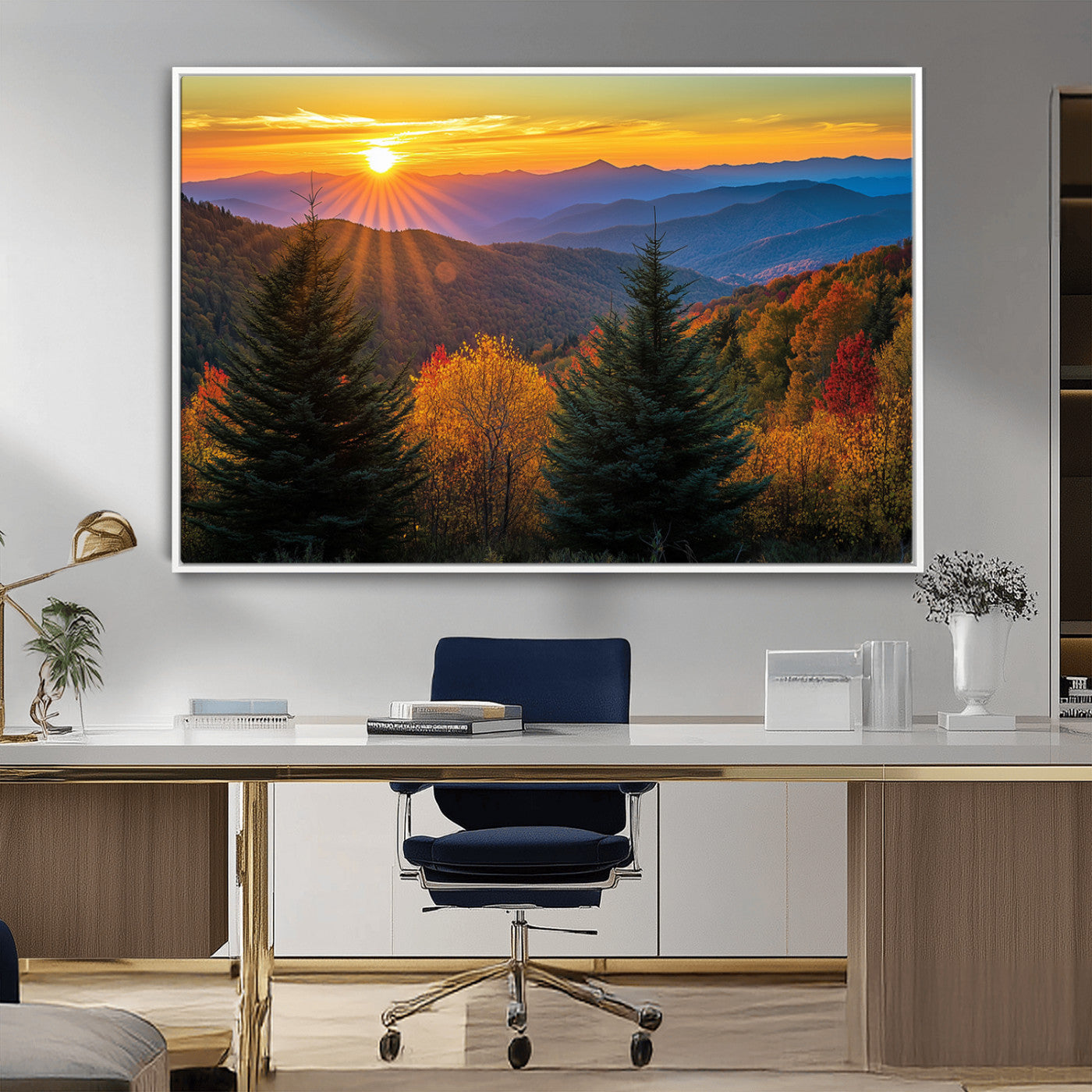 MGV-FC-36X24 - Golden Sunset Over Mountain Forest Canvas Wall Art Print - Warm Nature-Inspired Landscape for Living