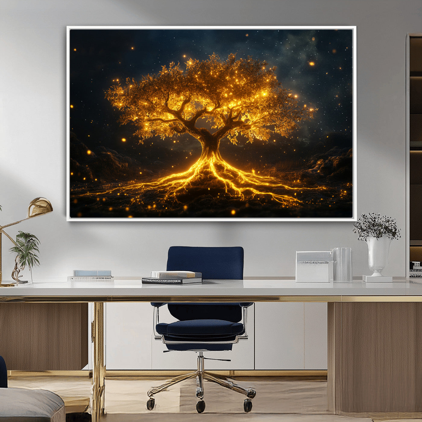 MGV-FC-36X24 - Golden Tree of Life Canvas Wall Art Print - Majestic Glowing Tree Design for Living Room, Office, or