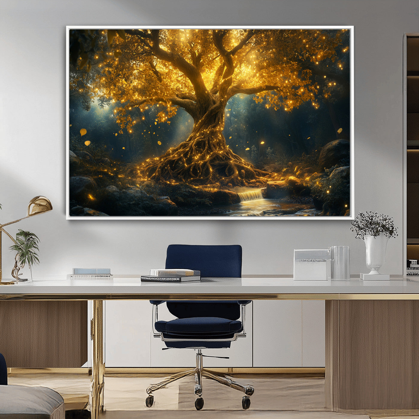 MGV-FC-36X24 - Golden Tree of Life Canvas Wall Art Print - Majestic Glowing Tree Wall Art Print