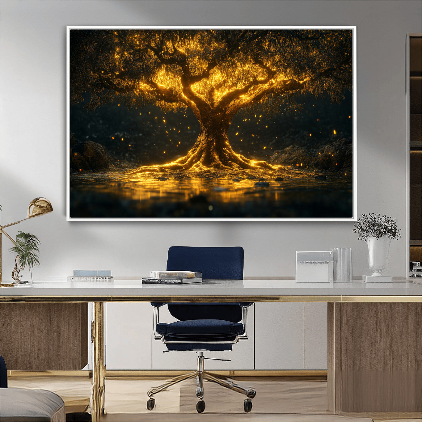 MGV-FC-36X24 - Golden Tree of Life Canvas Wall Art Print - Majestic Glowing Tree Wall Art Print