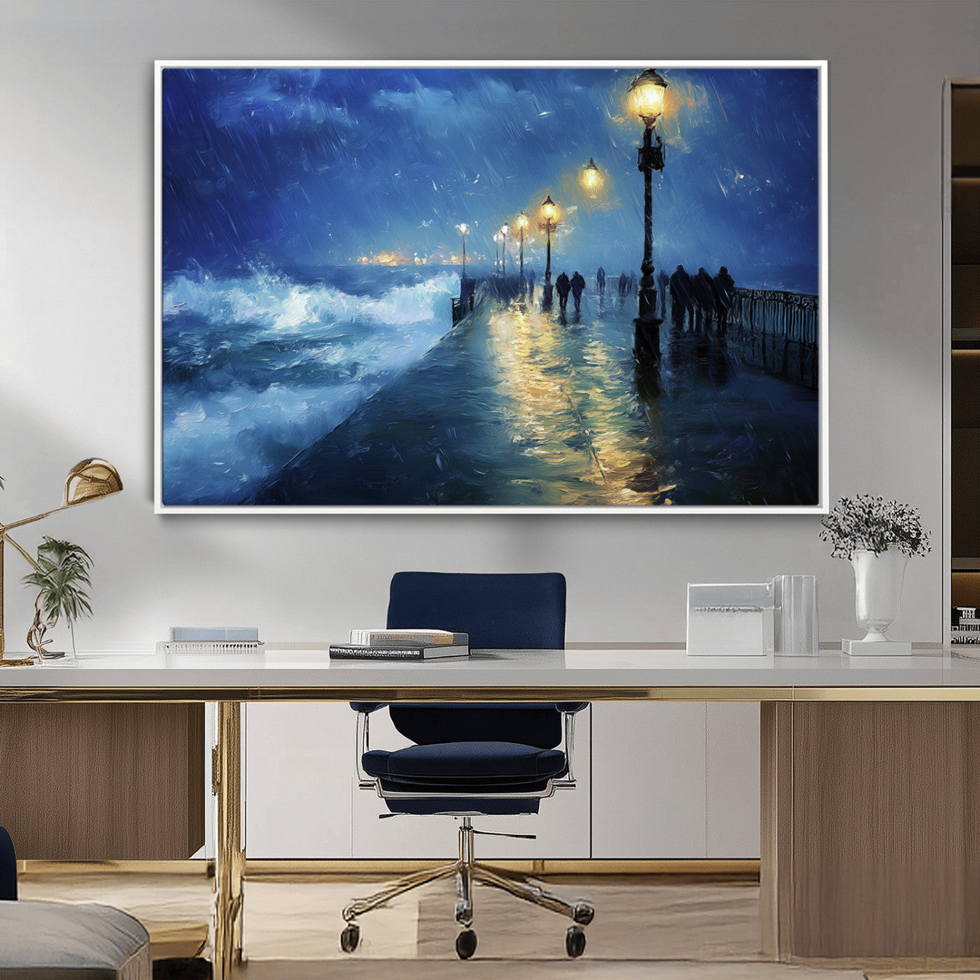MGV-FC-36X24 - Abstract Stormy Ocean Pier Canvas Wall Art Print | Stormy Ocean Art | Large Moody Night Scene Print,