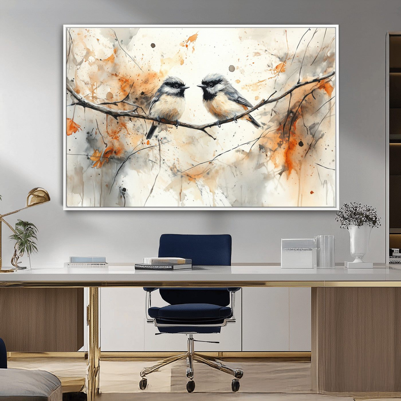 MGV-FC-36X24 - Abstract Watercolor Chickadee Bird Canvas Wall Art Print - Large Bird and Branch Wall Art, Modern