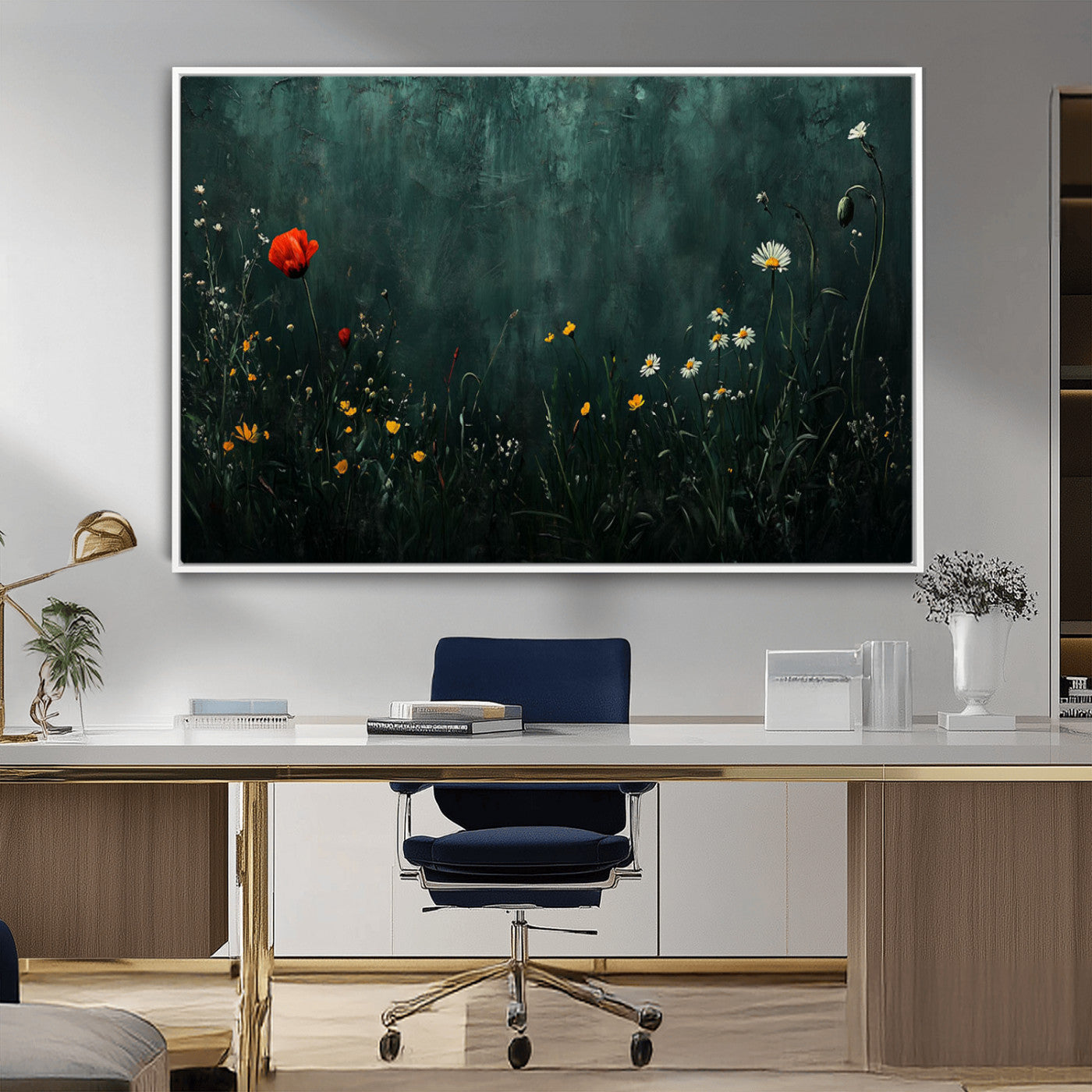 MGV-FC-36X24 - Wildflower Field Framed Wall Art, Vintage Botanical Landscape Sign, Botanical Wall Art, Modern