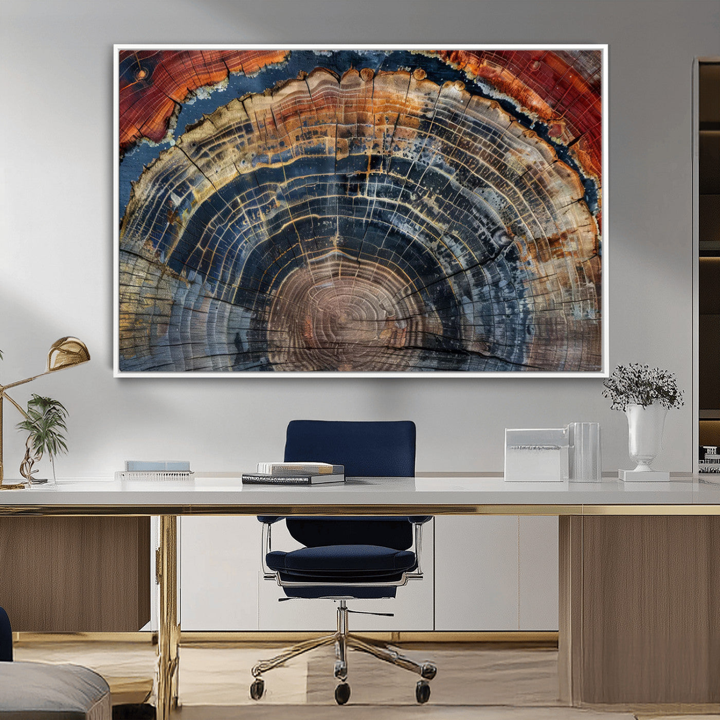 MGV-FC-36X24 - Abstract Tree Ring Wall Art, Colorful Framed Tree Ring Wall Decor, Minimalist Home Canvas Art,