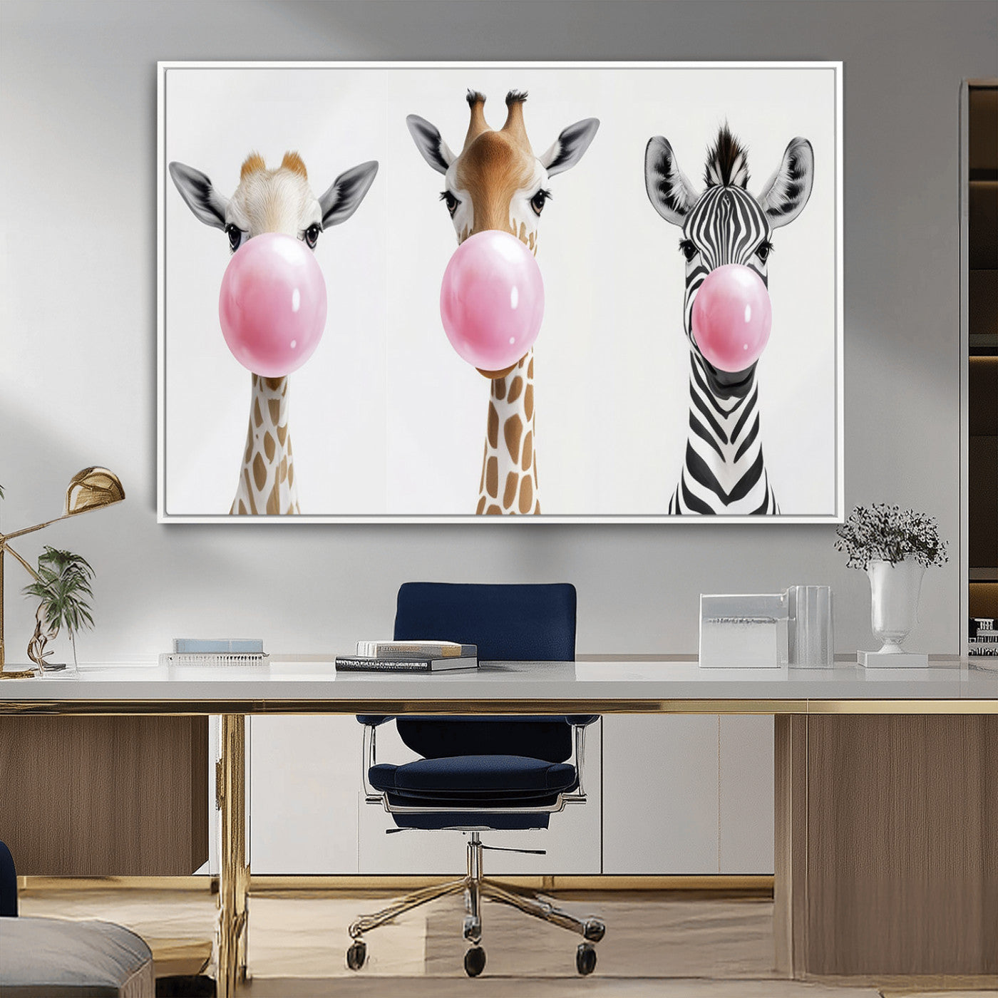 MGV-FC-36X24 - Bubblegum Animals Canvas Wall Art - Playful Giraffe and Zebra Trio, Fun Nursery Decor for Kids'