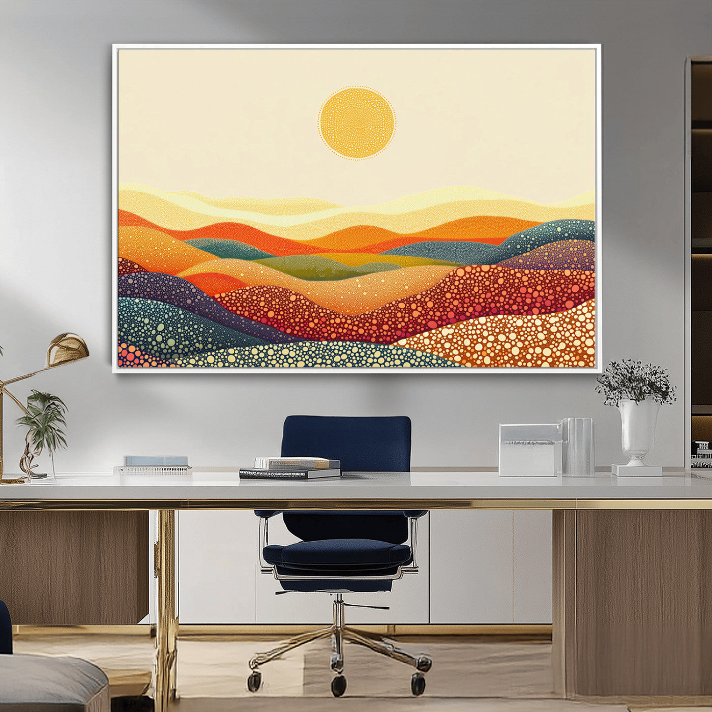 MGV-FC-36X24 - YAYOI KUSAMA Colorful Dot Art Landscape Canvas - Framed Abstract Pointillism Inspired by Nature with