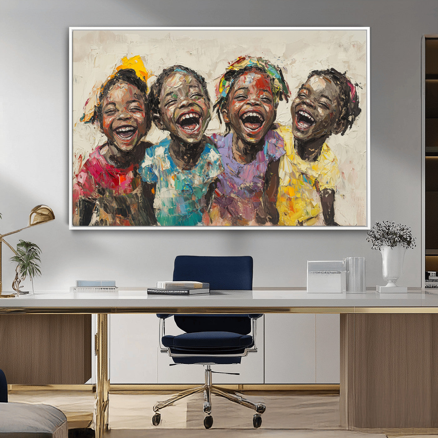 MGV-FC-36X24 - Shai Yossef style Joyful Childhood Canvas Wall Art - Expressive Impasto Painting of Black Children