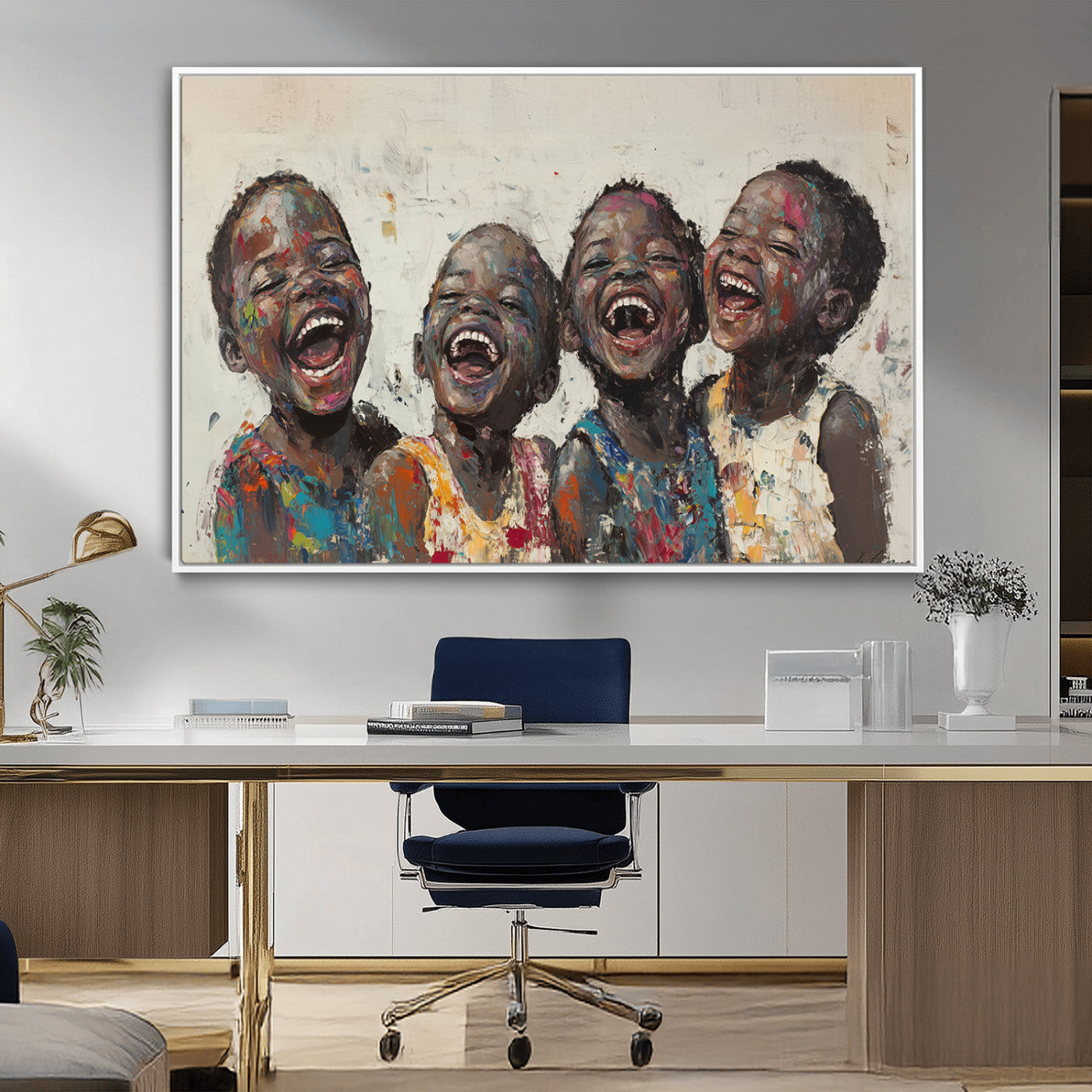 85256-MGV-CV-36X24-Shai Yossef Print - Joyful Childhood Canvas Wall Art - Expressive Impasto Painting of Laughing