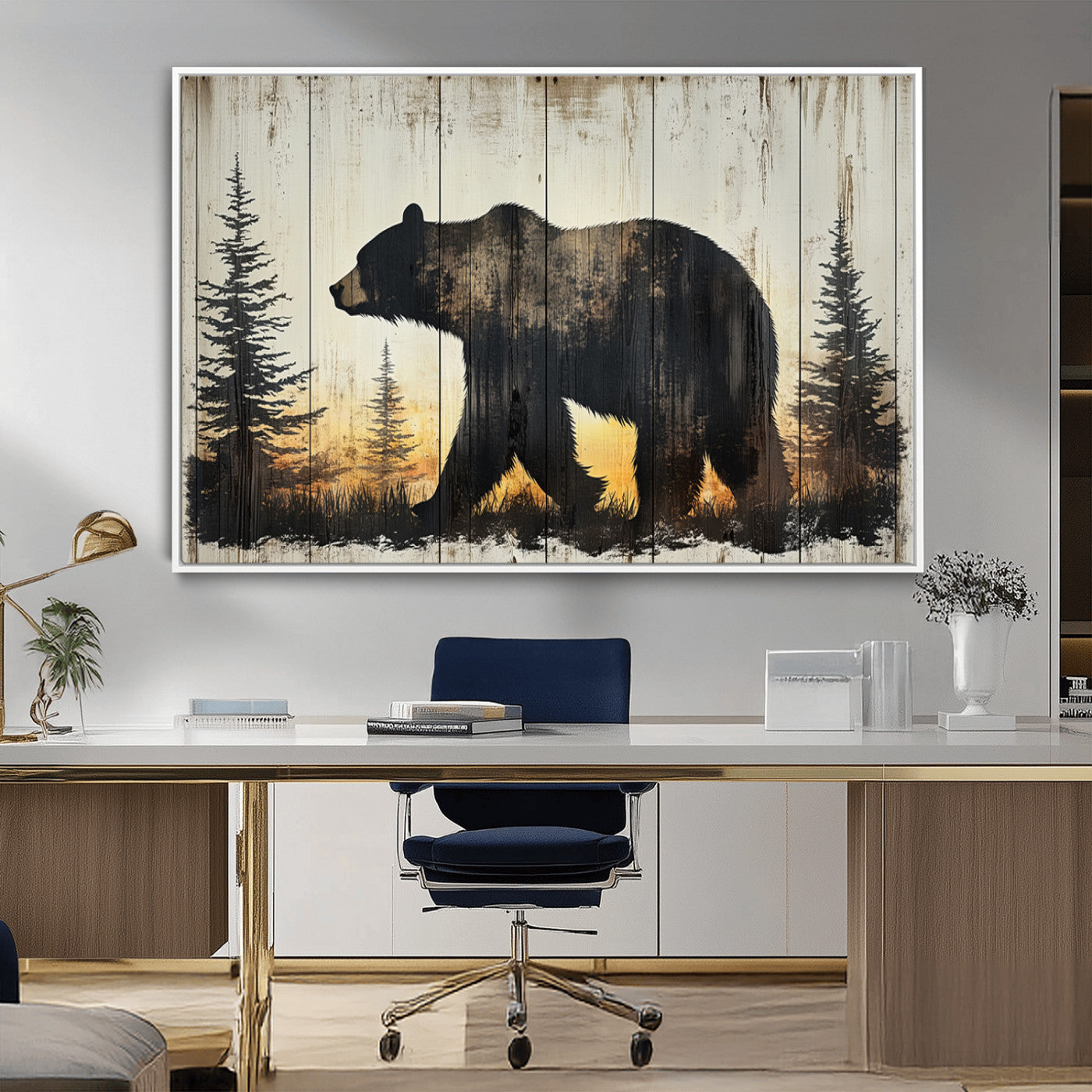 83875-MGV-CV-36X24-Vintage Bear Wall Art Canvas Print for Farmhouse - Mountain Wood Canvas Wall Art - Forest Silhouette