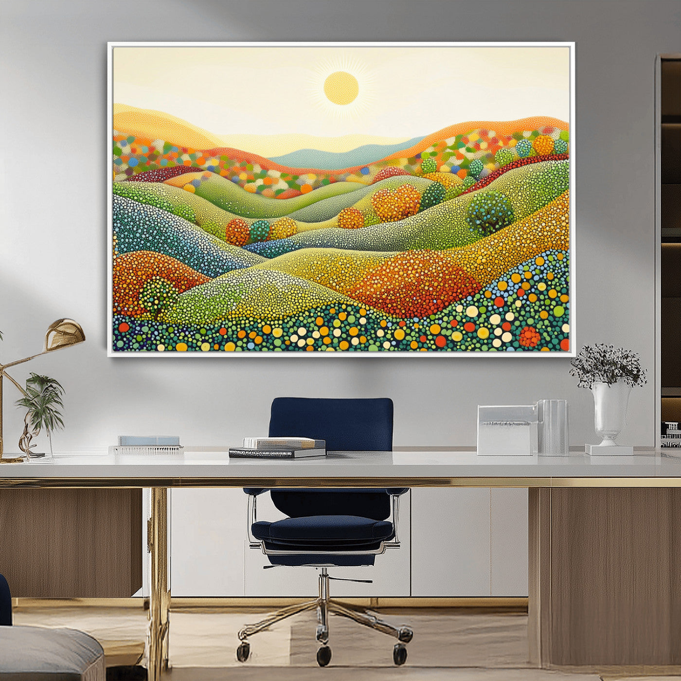 MGV-FC-36X24 - YAYOI KUSAMA Colorful Dot Art Landscape Canvas - Framed Abstract Pointillism Inspired by Nature with
