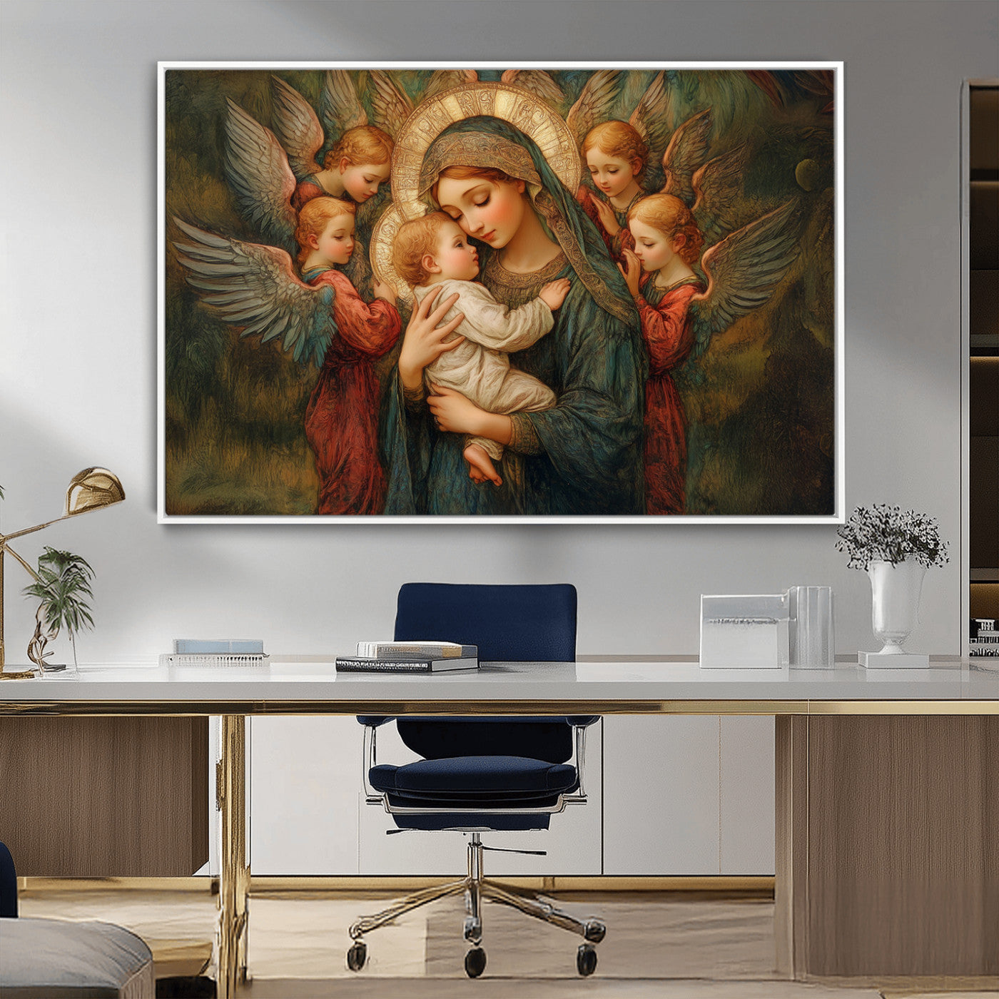 MGV-FC-36X24 - Mary Jesus Canvas Wall Art Print - Madonna and Child with Angels Art Print - Classic Christian
