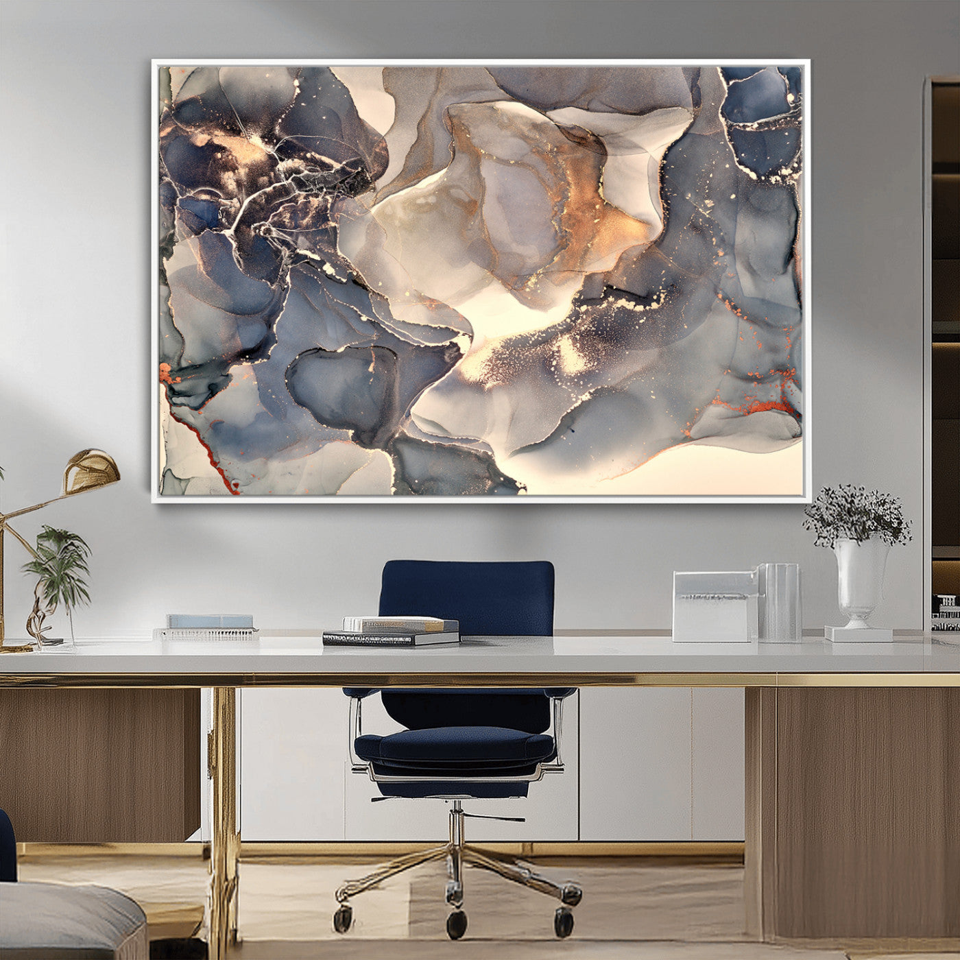 MGV-FC-36X24 - Abstract Blue and Gold Wall Art - Fluid Ink Artwork - Modern Luxury Wall Decor for Contemporary