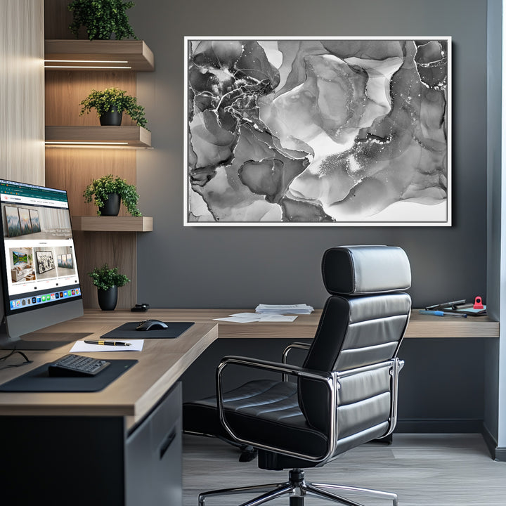 Black White Abstract Canvas Wall Art - Fluid Ink Artwork - Modern Luxury Wall Decor for Contemporary Interiors