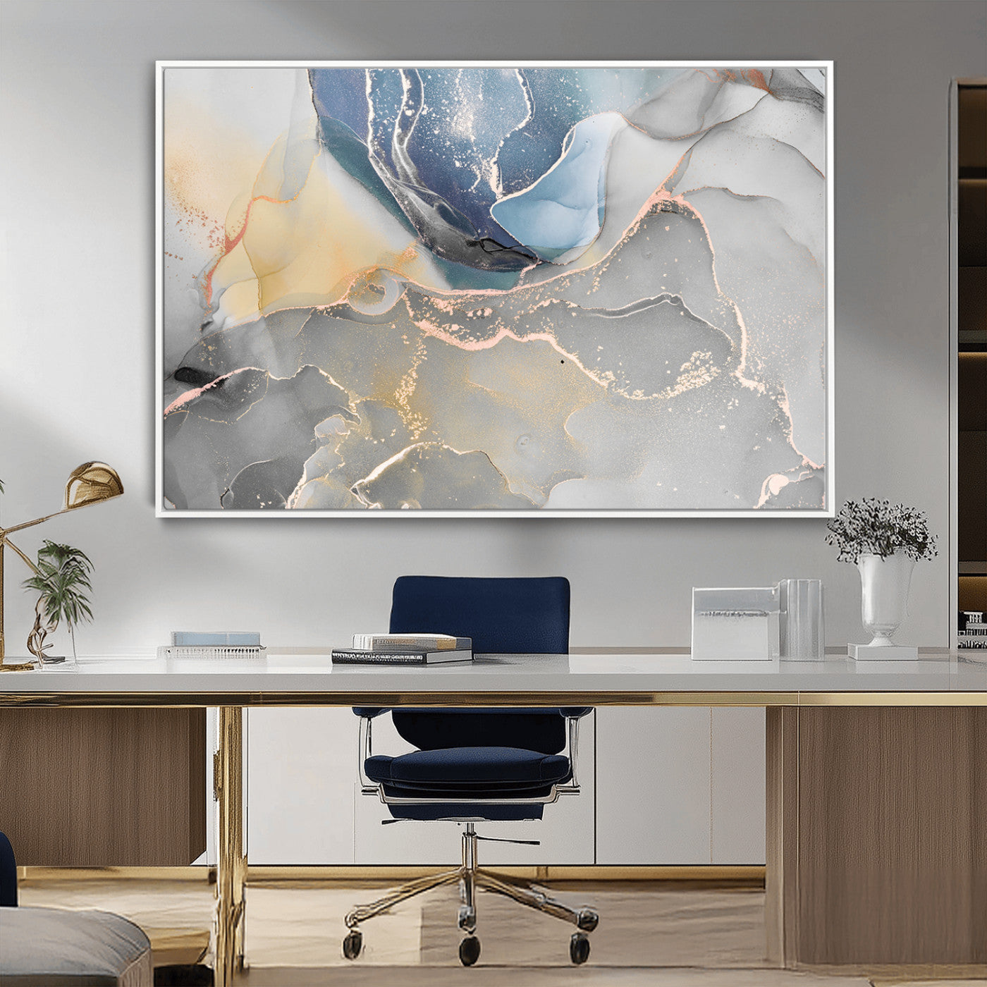MGV-FC-36X24 - Large Abstract Blue and Gold Canvas Wall Art | Fluid Ink Artwork Print | Luxury Wall Decor for