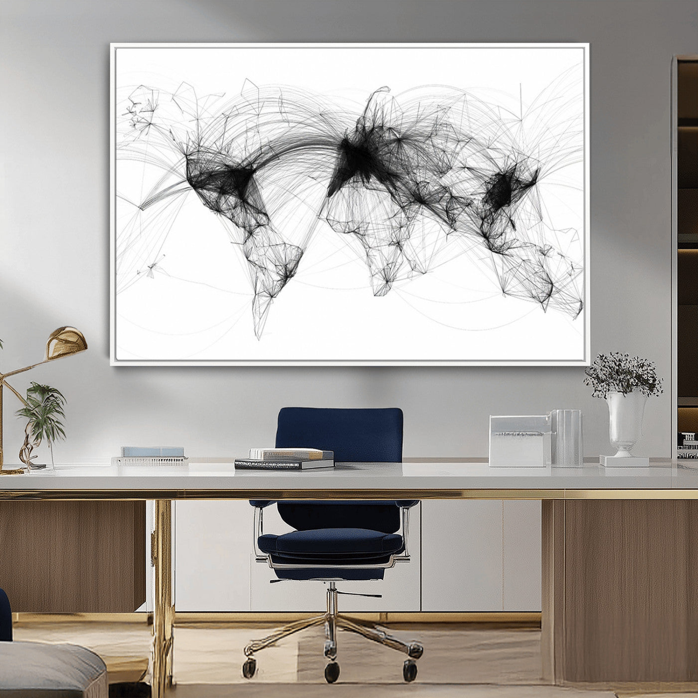 50136-MGV-CV-36X24-Abstract World Map Wall Art – Framed Geometric Line Canvas Artwork, Modern Global Design, Contemporary Decor for Home, Office