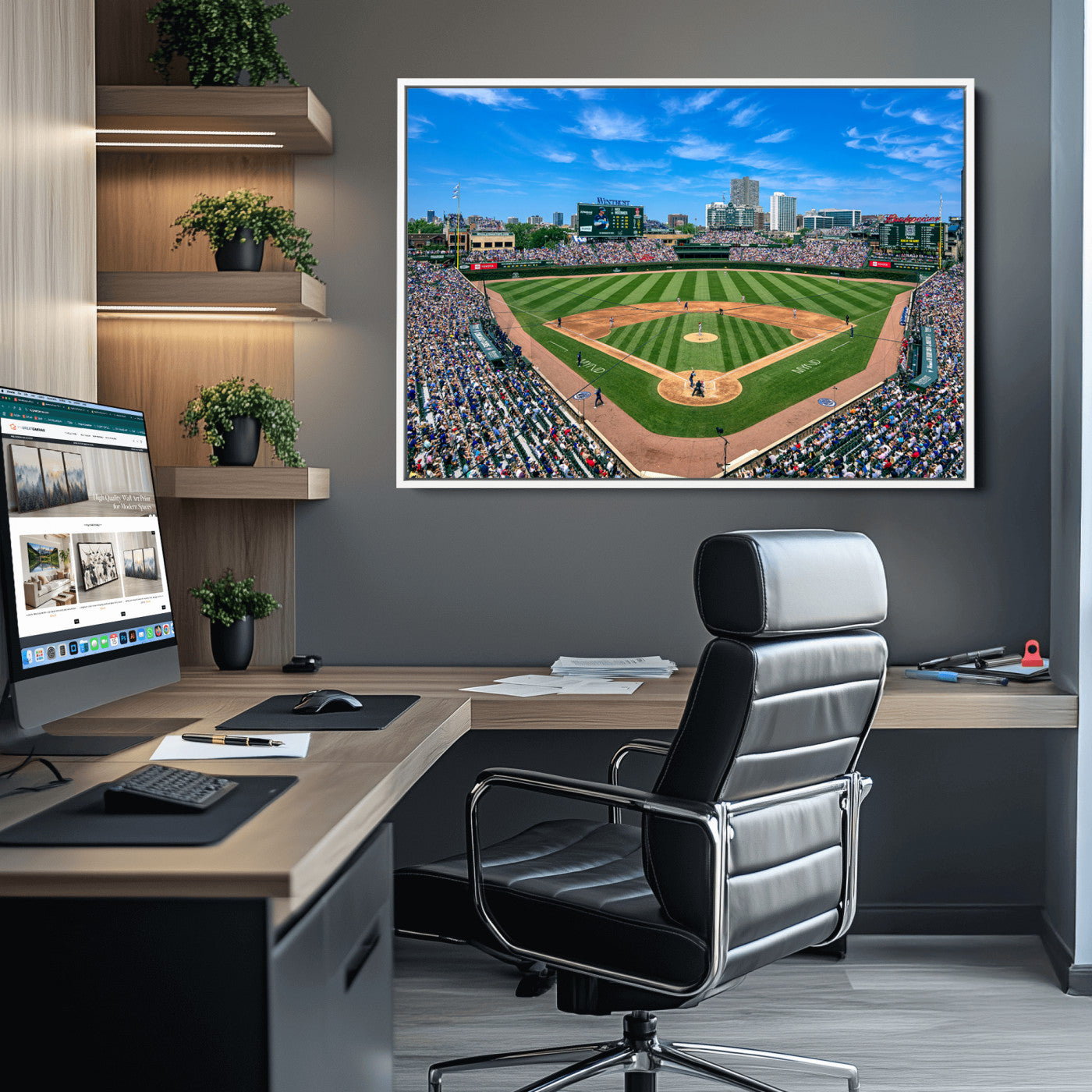 26064-MGV-CV-30X20-Framed Wrigley Field Chicago Cubs Print, Panoramic Multi Piece Canvas Wall Art - Iconic Baseball Stadium Print for Sports Lovers - Ready to