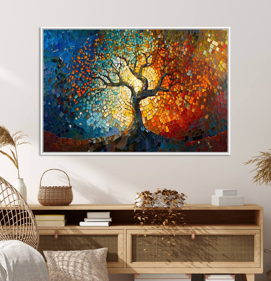 Mosaic Tree Canvas Wall Art: A stunning stained glass-inspired Tree of Life featuring blue and orange swirling patterns reminiscent of a sunburst.