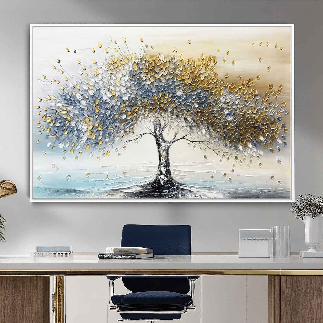 37744-MGV-CV-36X24-Golden and Silver Tree Wall Art – Framed Elegant Leaves Canvas Artwork, Modern Nature Design, Decor for Home, Office