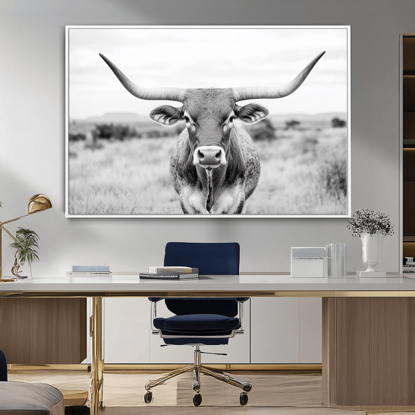 MGV-FC-36X24 - Highland Cow Wall Art Print - Black and White Texas Western Longhorn Canvas - Farmhouse Decor Print