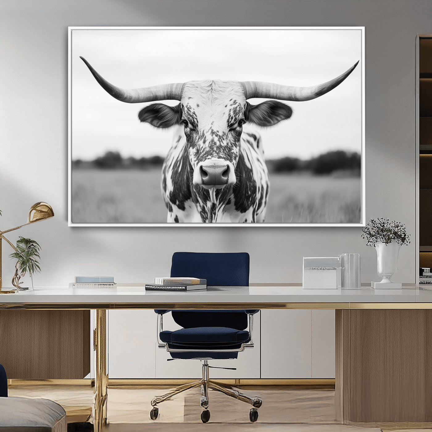 MGV-FC-36X24 - Highland Cow Wall Art - Black and White Western Longhorn Canvas Print - Farmhouse Living Room Decor