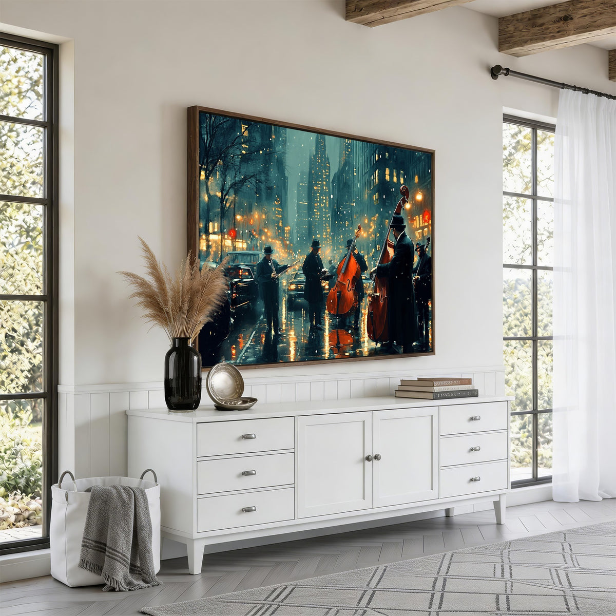 53391-MGV-CV-24X16 - Urban Night Jazz Wall Art Canvas Print | Moody Rain Soaked City Street Band Scene