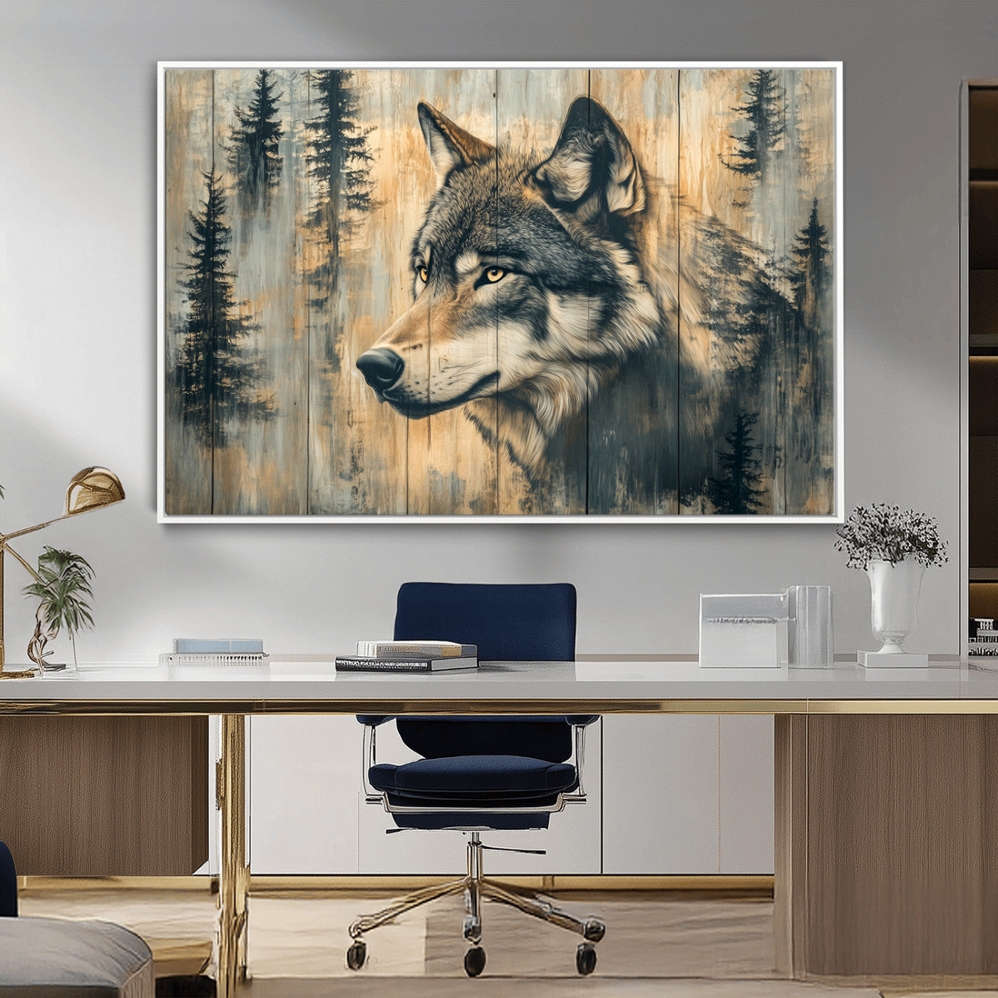 MGV-FC-36X24 - Wood Style Rustic Wolf Wall Art Canvas Print, Vintage Woodland Wolf Wall Art, Framed Wood Style Wolf