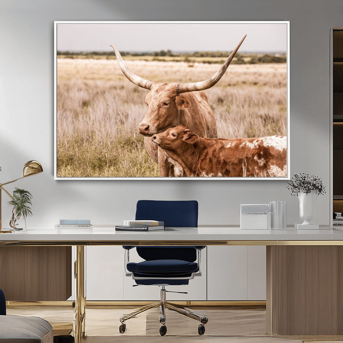 MGV-FC-36X24 - Texas Longhorn Cow Wall Art Canvas Print for Farmhouse Wall Art, Texas Decor, Western Wall Art Print