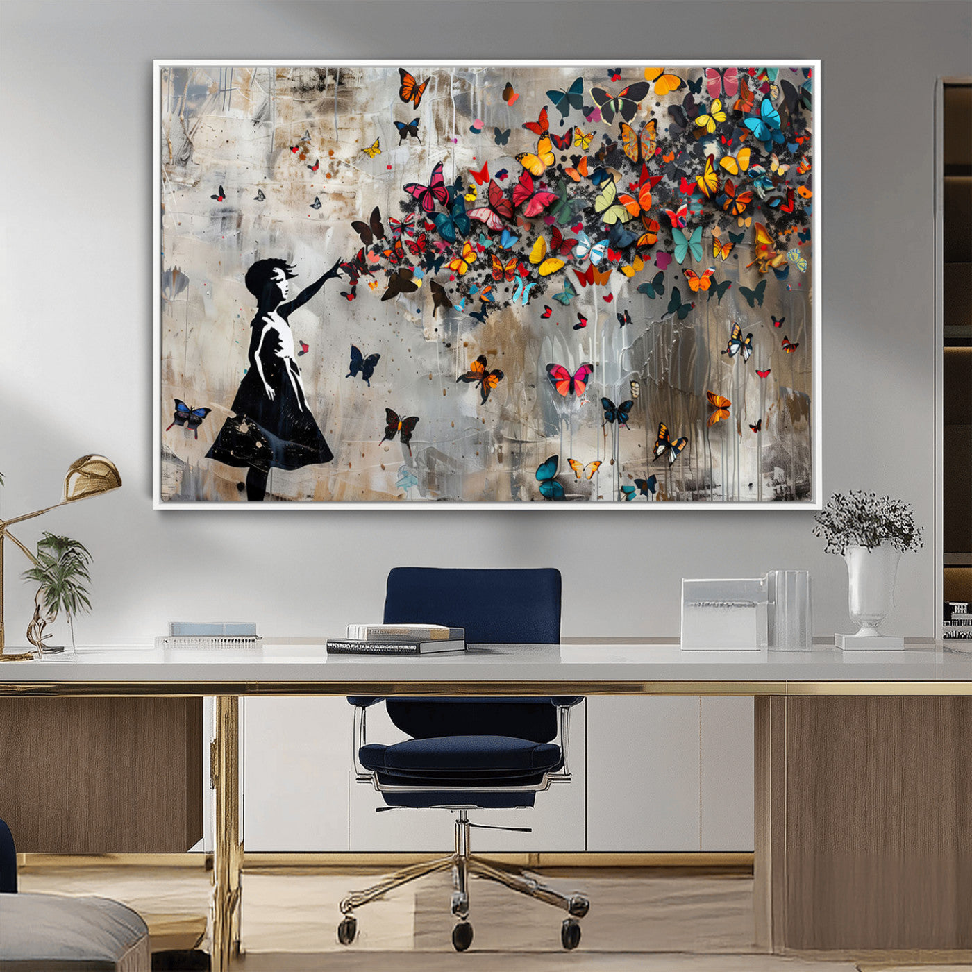 MGV-FC-36X24 - Framed Banksy Butterfly Girl Wall Art ,3-Piece Butterfly Girl Canvas, Modern Graffiti Canvas Print