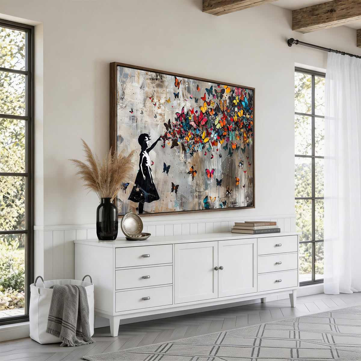 51446D-MGV-CV-24X16 - Banksy Butterfly Girl Wall Art | Modern Graffiti Canvas Print, Street Art Decor