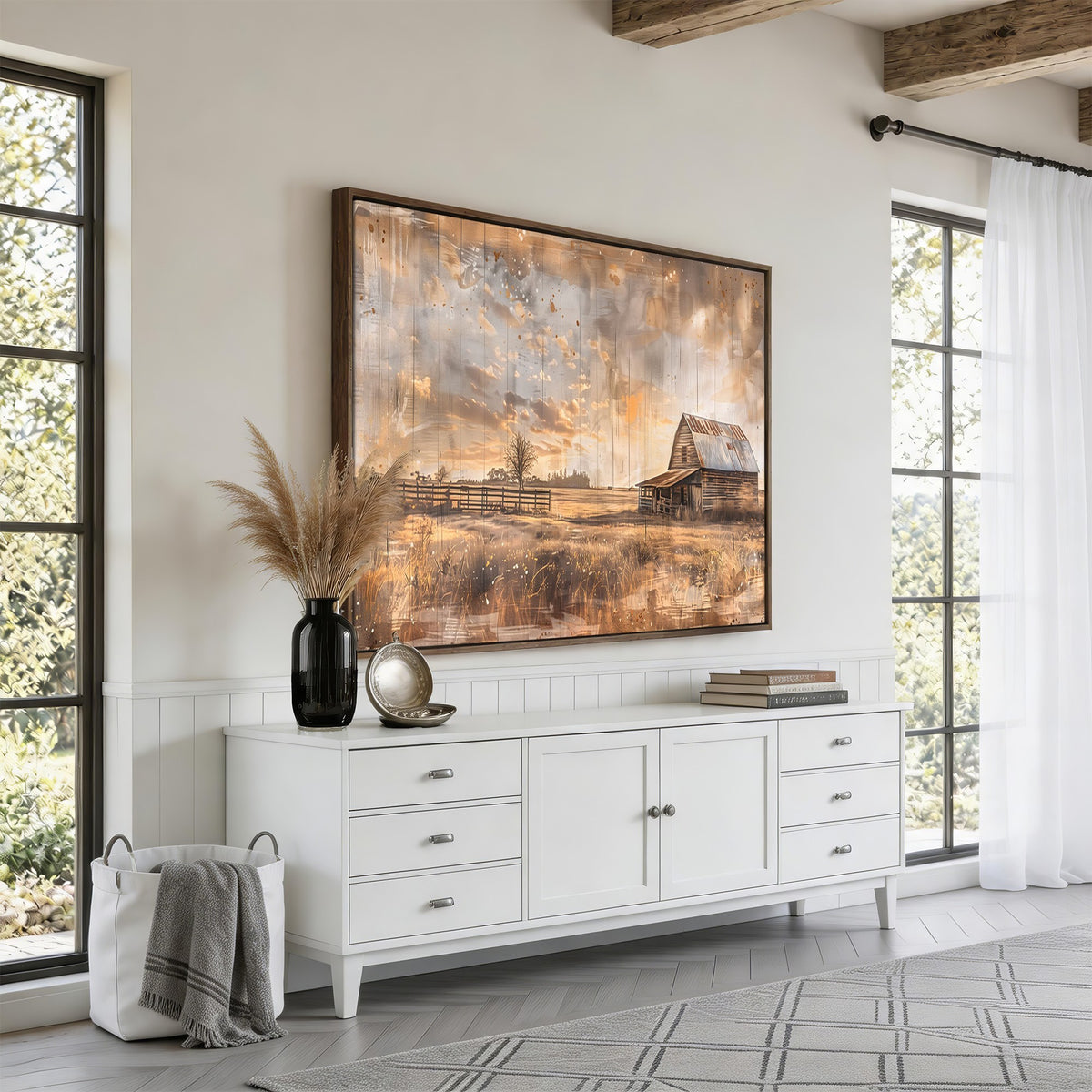 FARM2-MGV-CV-24X16 - Rustic Farmhouse Wall Art Canvas Print | Barn and Field Vintage Country Landscape