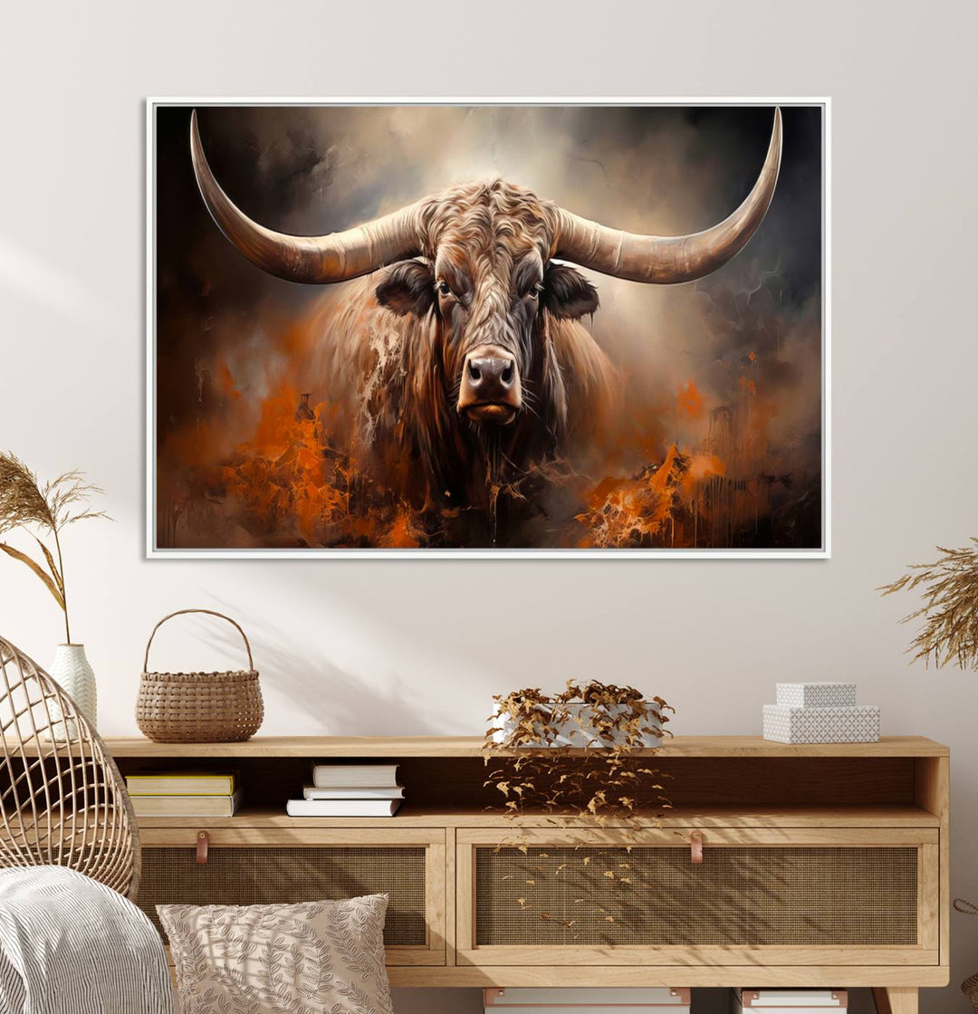 A Highland Bull with striking horns is depicted in a fiery abstract style on a ready-to-hang wall art canvas, evoking strength.