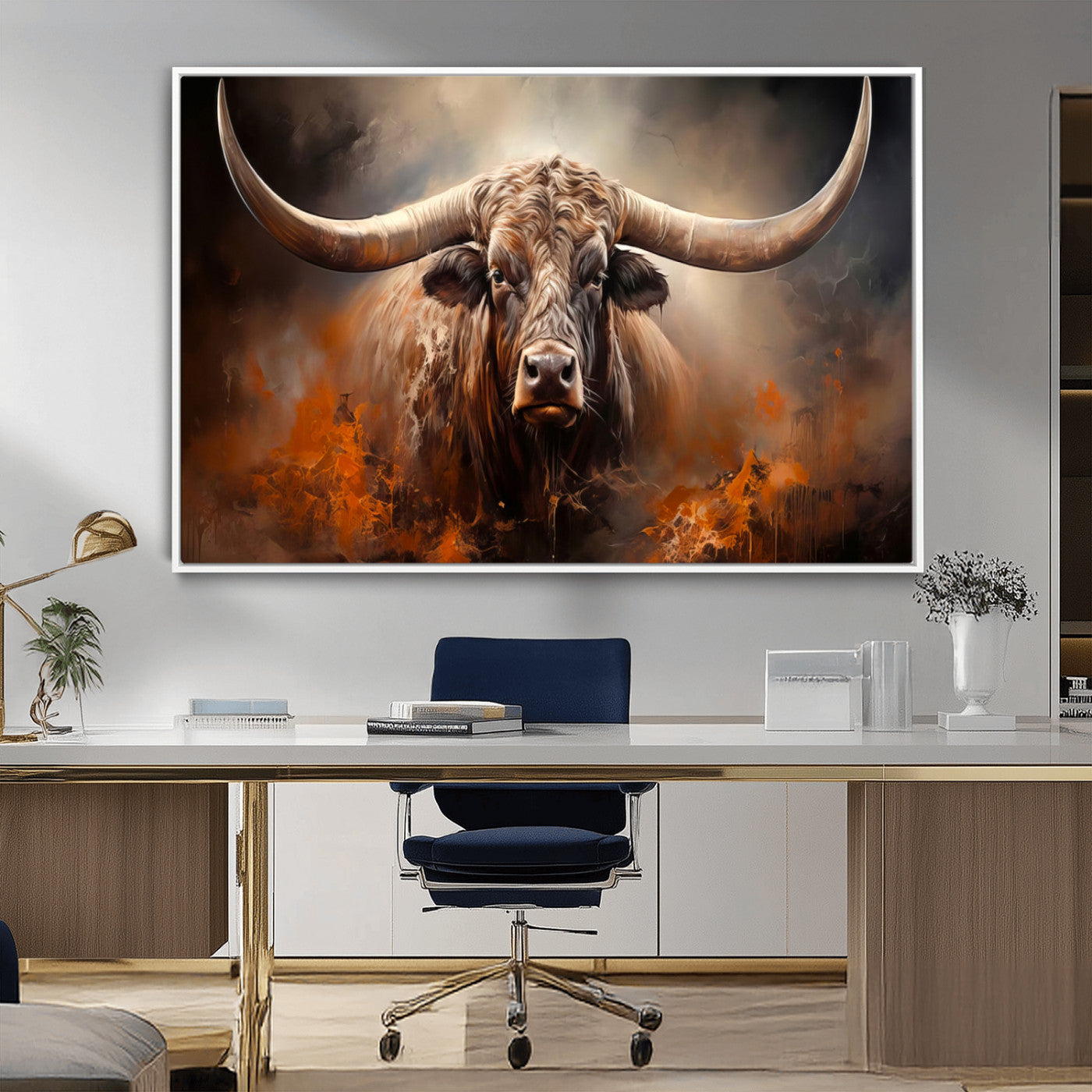 MGV-FC-36X24 - Highland Bull Canvas Abstract Canvas Wall Art Print – Powerful Highland Bull with Striking Horns in