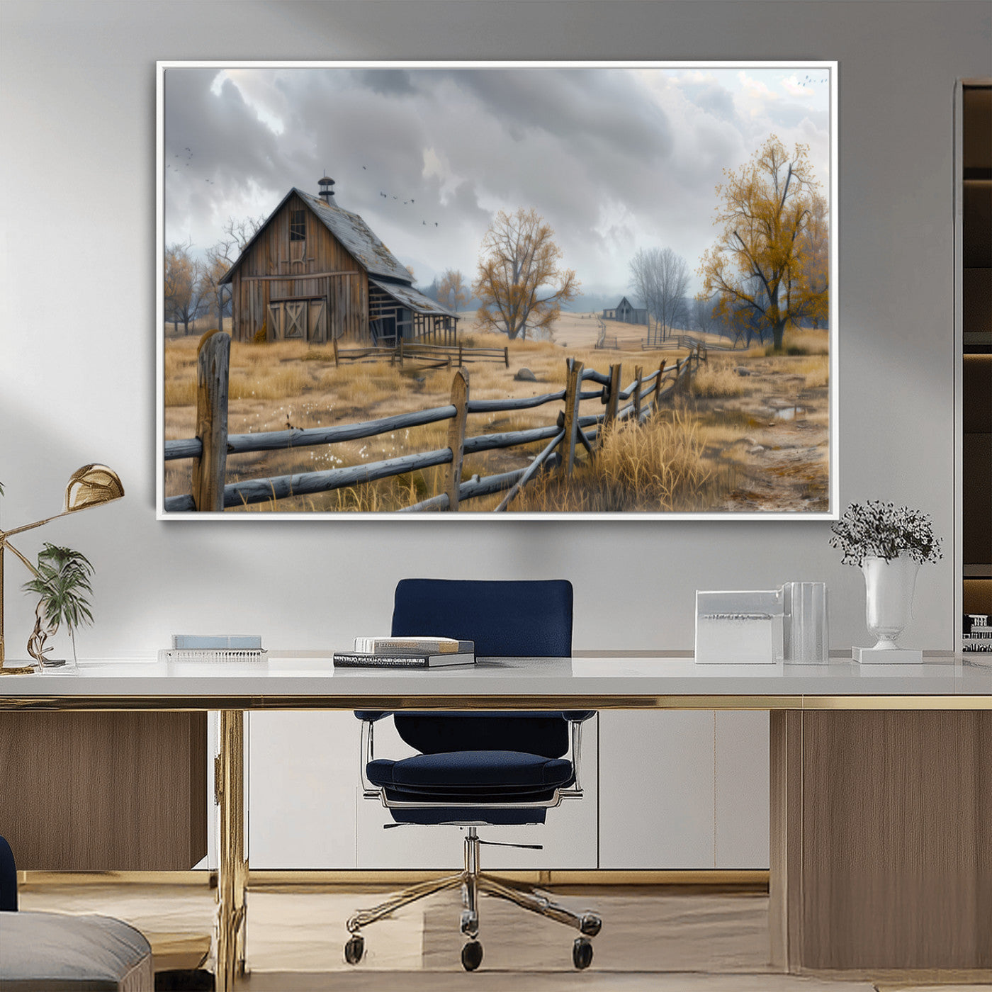 MGV-FC-36X24 - Rustic Autumn Farmhouse Wall Art Canvas Print – Serene Countryside Scene with Weathered Barn and