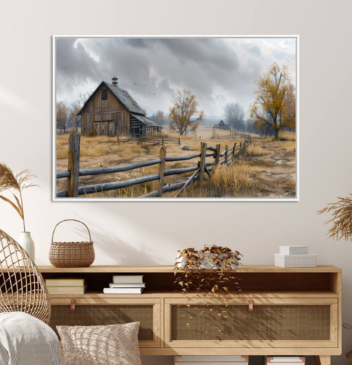 Rustic Autumn Farmhouse Wall Art – Weathered Barn & Trees Canvas Print, featuring a serene scene with birds in the sky. This piece is ready to hang.