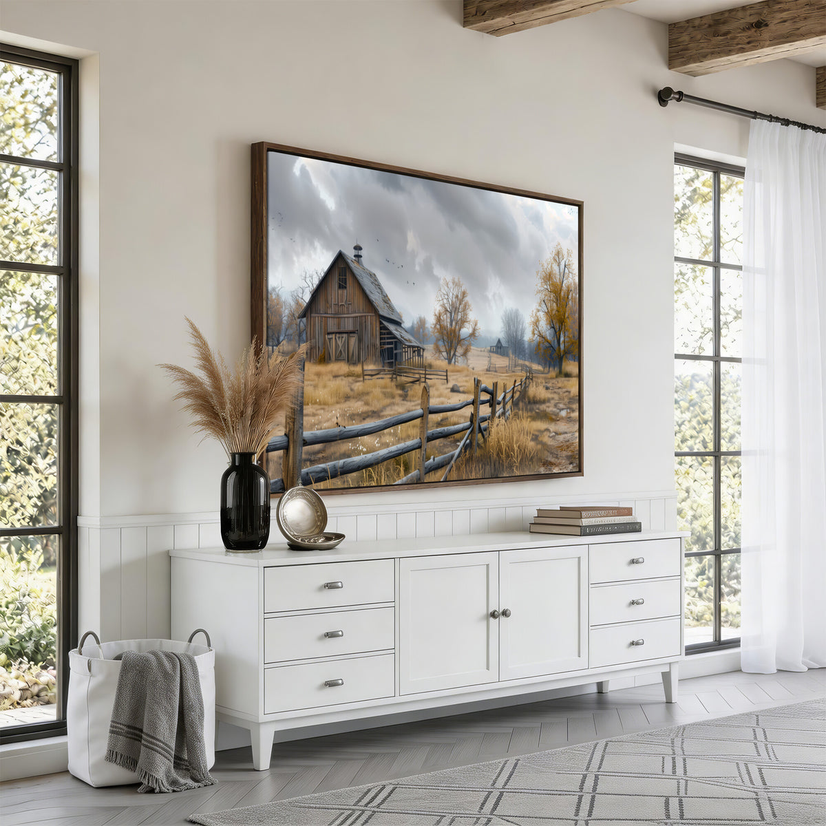 Farm1-MGV-CV-36X24 - Rustic Autumn Farmhouse Wall Art Canvas Print | Serene Countryside with Weathered Barn