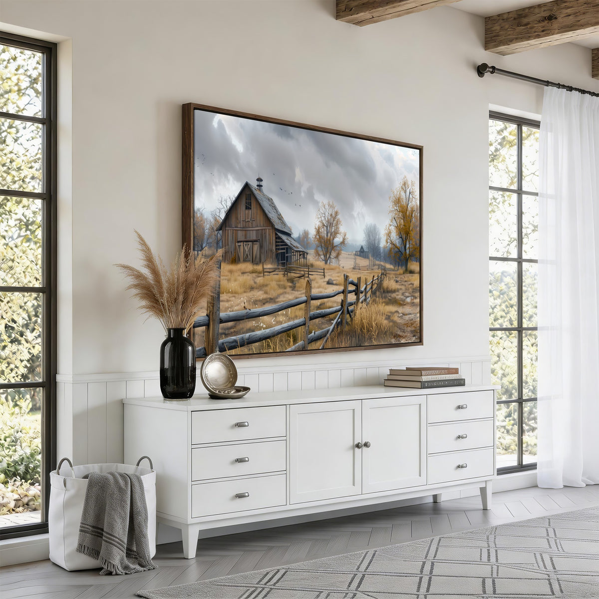 Farm1-MGV-CV-24X16 - Rustic Autumn Farmhouse Wall Art Canvas Print | Serene Countryside with Weathered Barn