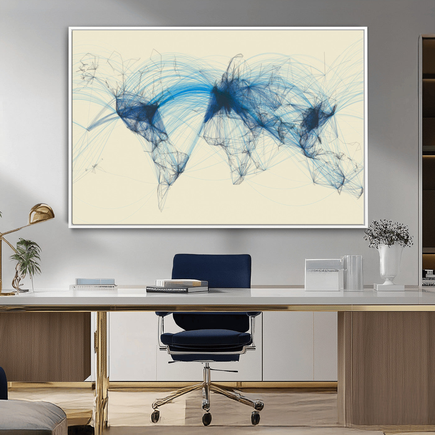 MGV-FC-36X24 - Flight Routes Map art Air Traffic Avi World Map with Blue Connections Canvas Wall Art – Modern