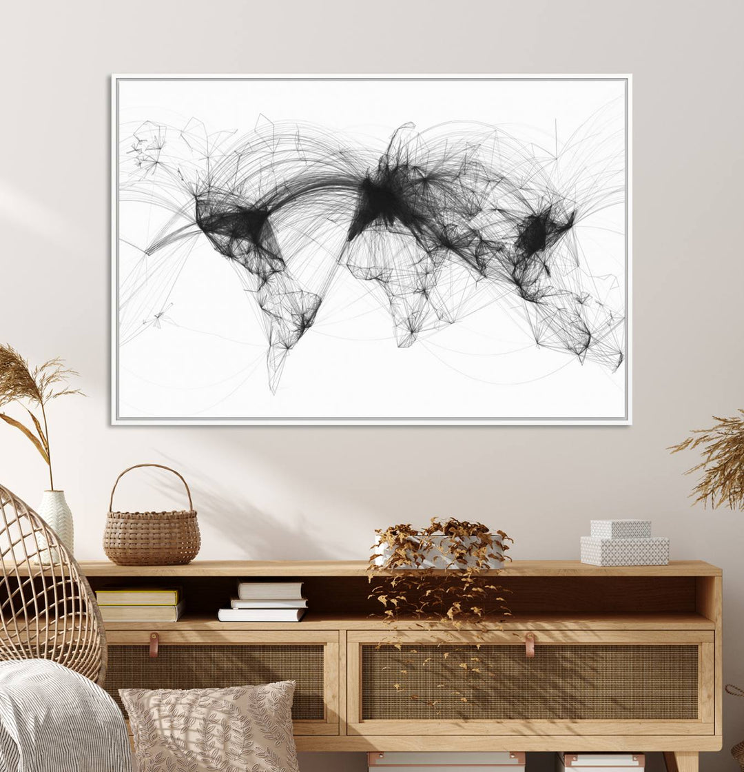 The Flight Routes Air Traffic canvas wall art, framed and ready to hang, is perfect for aviation enthusiasts.