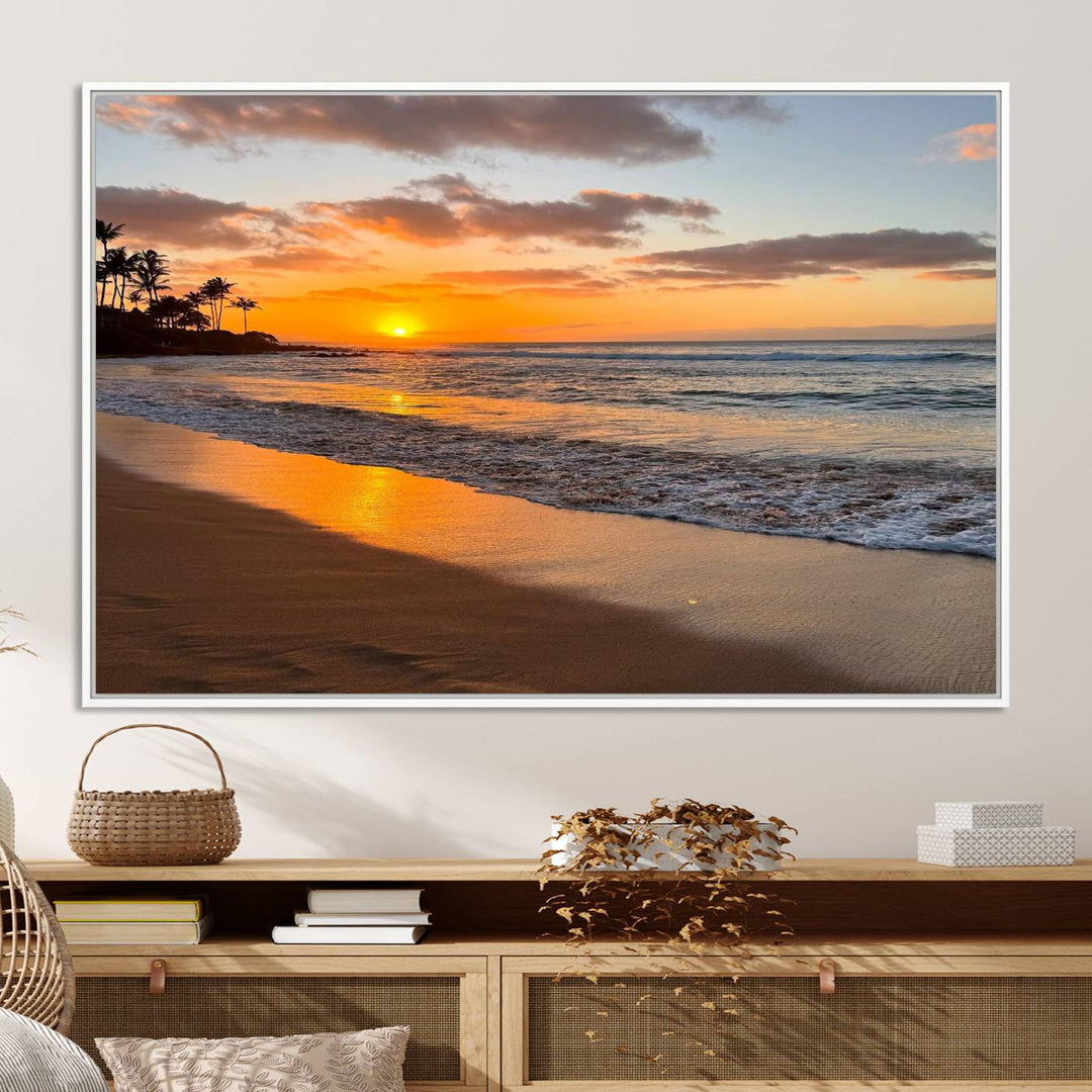 Sunset Wall Art Print featuring a beach sunset with waves and palms, perfect for coastal decor.