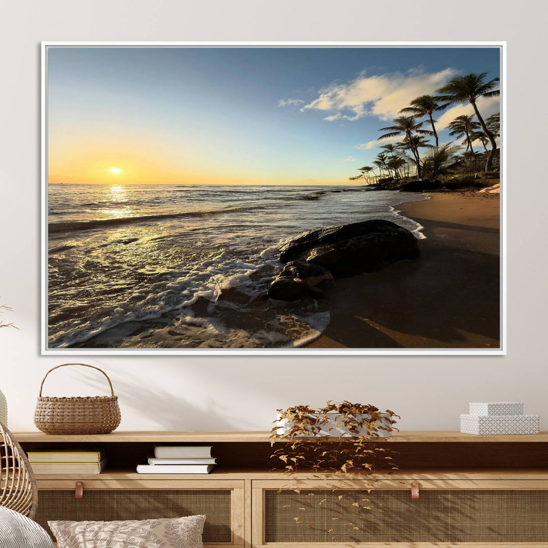 A serene tropical sunset on canvas, featuring palms and waves, serves as perfect Tropical Beach Wall Art for home or office decor.