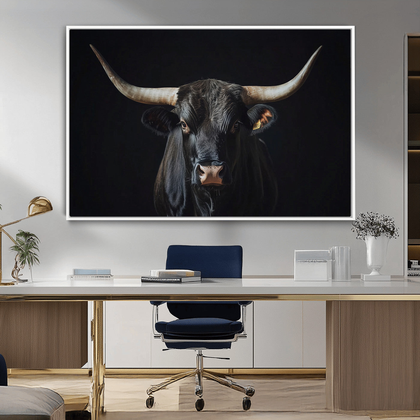 48065167-MGV-CV-36X24-Majestic Longhorn Bull Wall Art Canvas Print – Dark Background Western Ranch Portrait Artwork for Home, Office