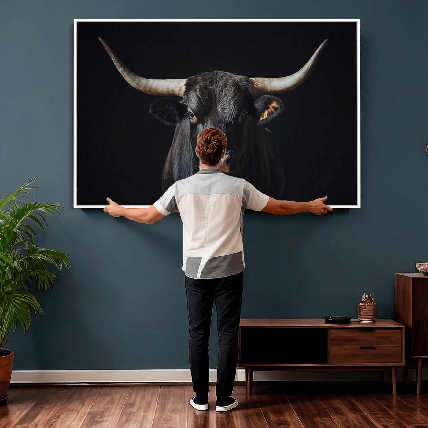 48065167-MGV-CV-36X24 - Texas Longhorn Bull Wall Art Canvas Print – Western Black Bull Art Print for Farmhouse Ranch Decor