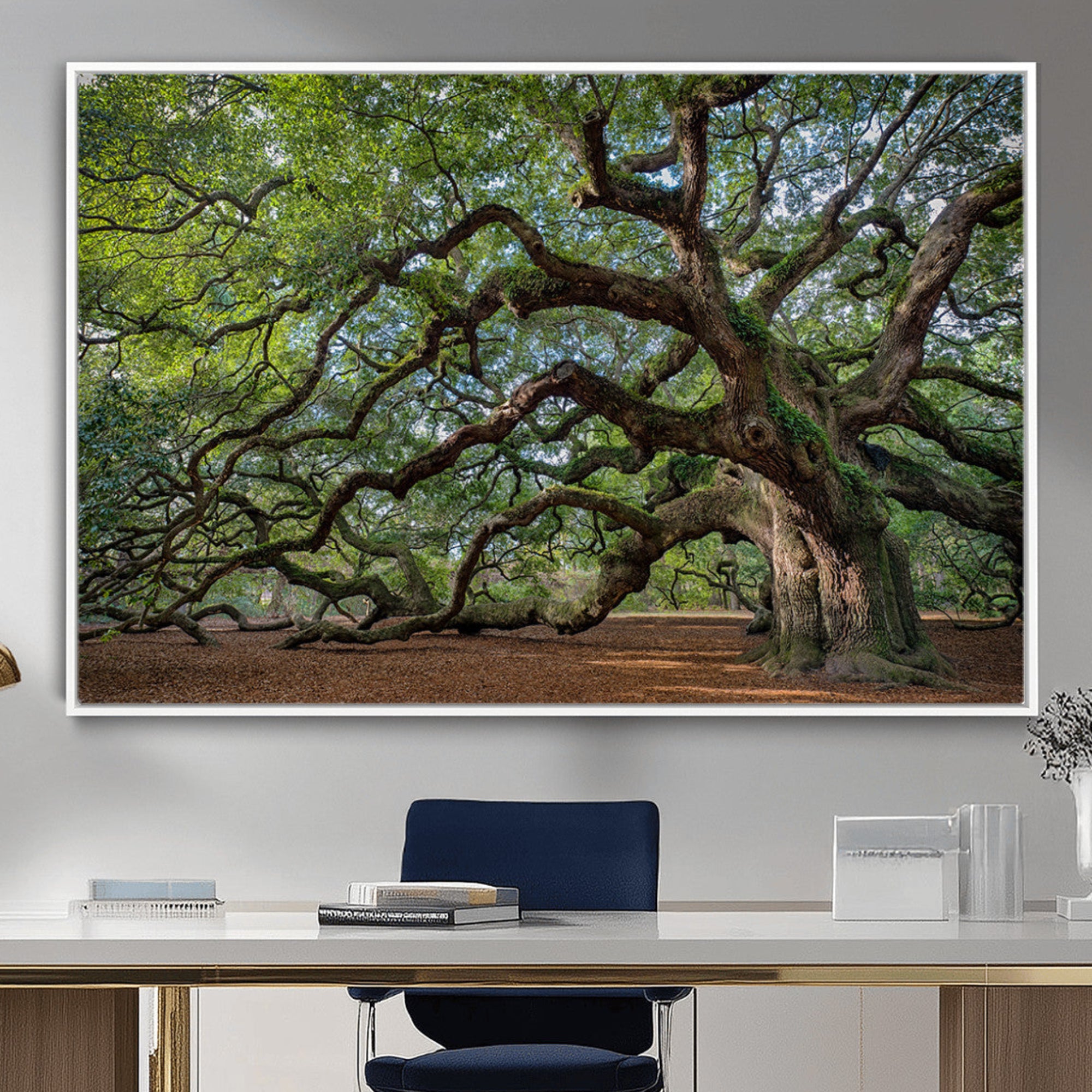 94886260-MGV-CV-36X24-Historic Tree Wall Art – Framed Mossy Branch Canvas Artwork, Twisted Woodland Design, Rustic Nature Decor for Home, Office