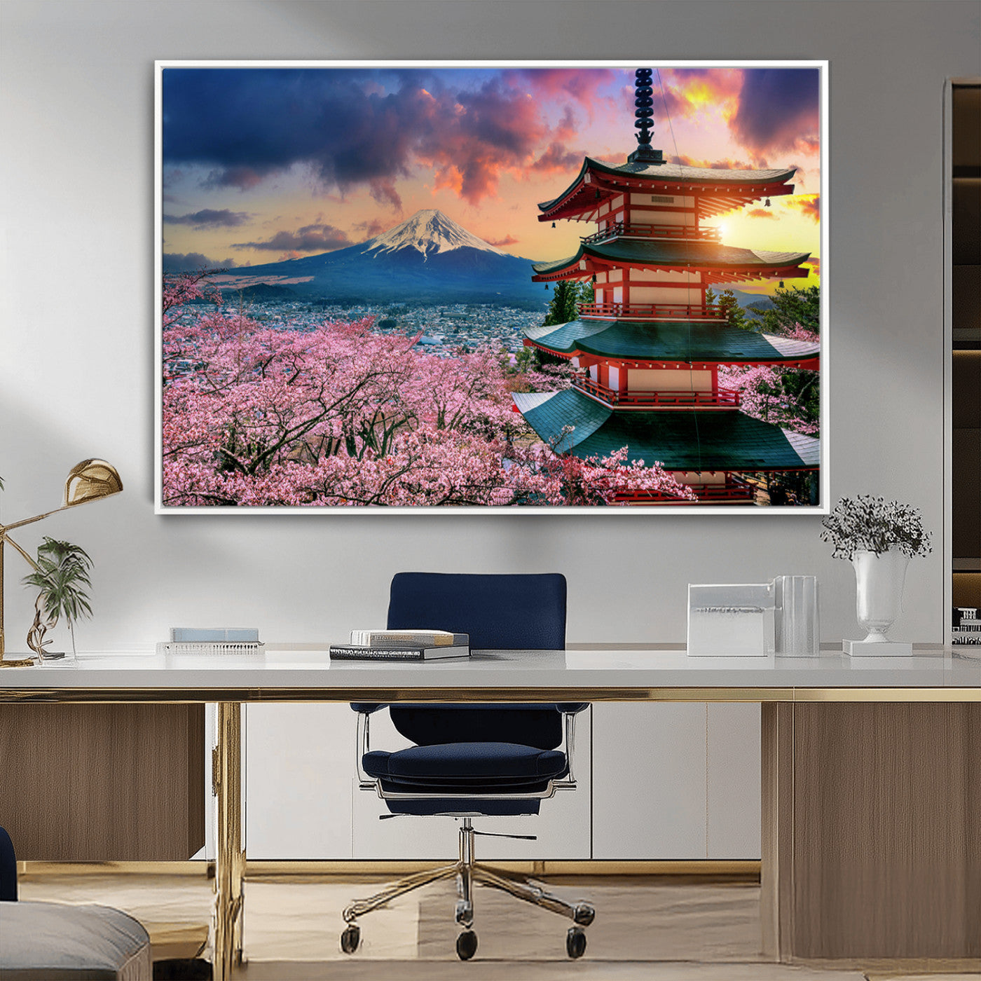 MGV-FC-36X24 - Mount Fuji & Cherry Blossom Wall Art Canvas Print – Iconic Japanese Landscape, Sakura Pagoda Sunset,